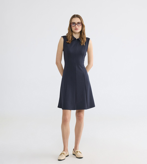 Zip Front Collared Sleeveless Fit and Flare Dress
