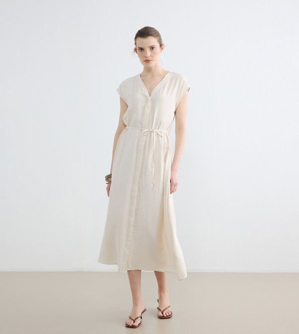 Tie Waist V-Neck Cap Sleeves Midi Dress