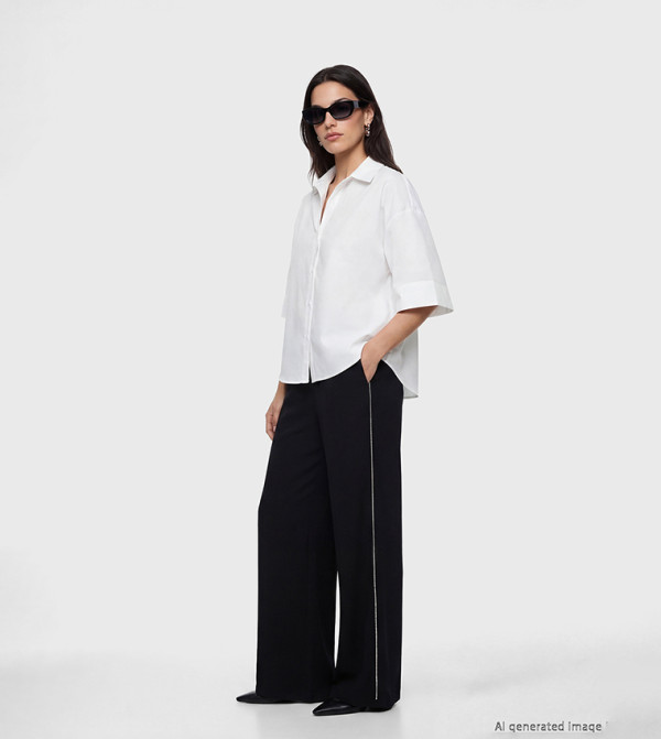 Rhinestone Side Stripe Elastic Waist Wide Leg Pants