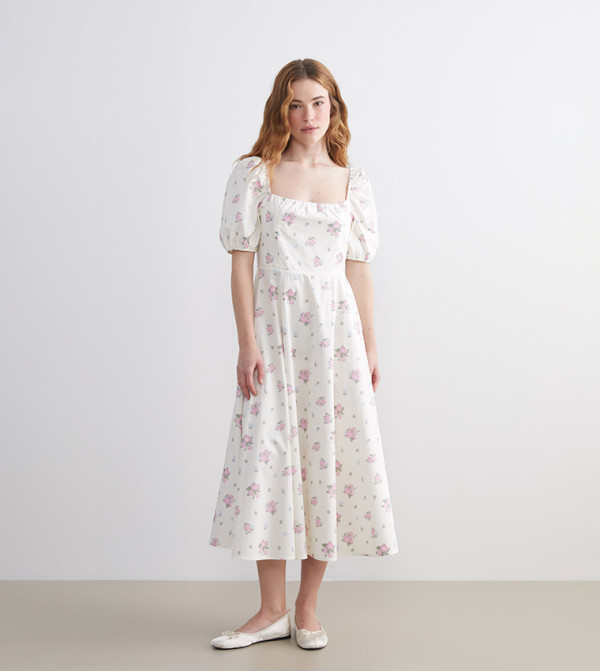 Floral Print Short Sleeves Midi Dress