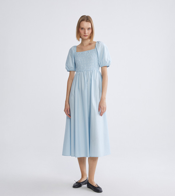 Solid Square Neck Puff Sleeves Poplin Midi Dress