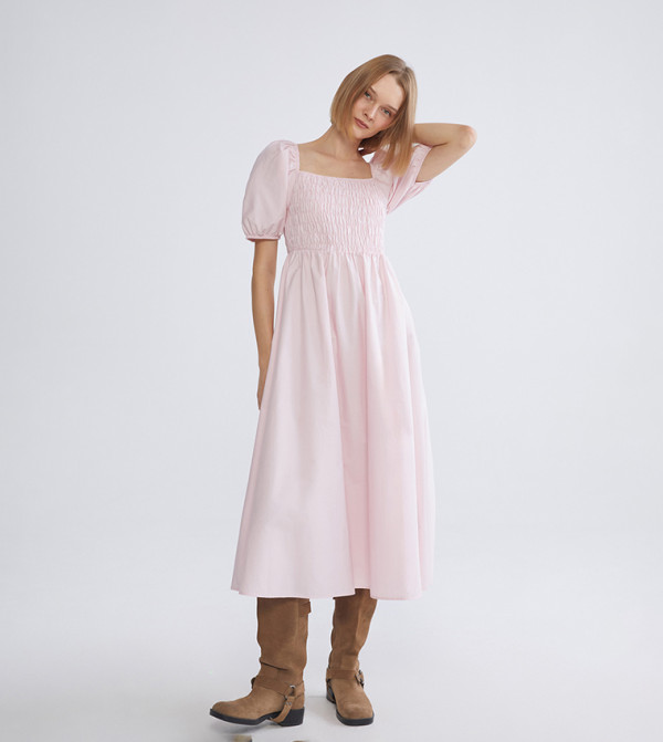 Solid Square Neck Puff Sleeves Poplin Midi Dress