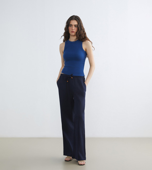 Textured Elastic Waist Trousers