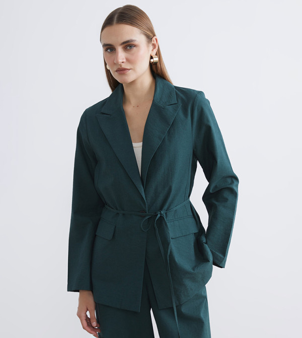 Solid Long Sleeves Belted Blazer