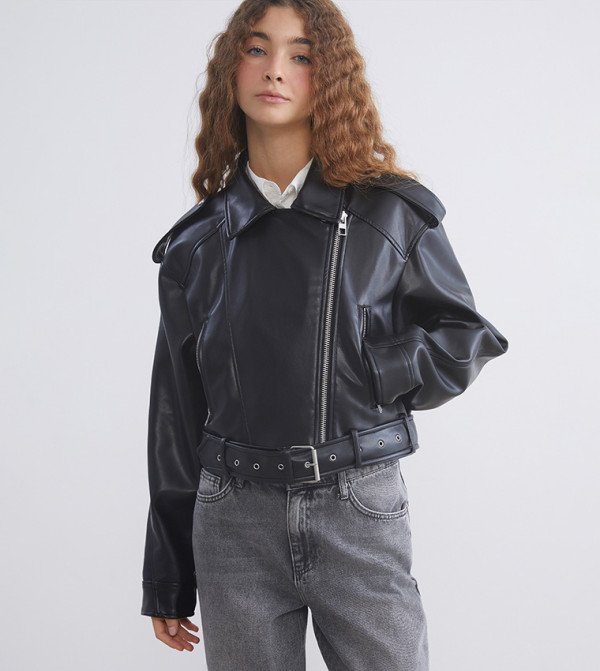 Textured Zip Through Leather Look Jacket