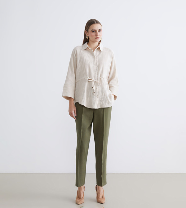 بنطلون منسوج سادة برباط على الخصر