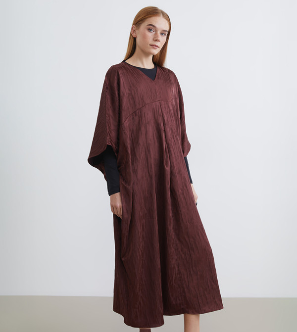 Patterned 3/4 Sleeves V-Neck Midi Dress