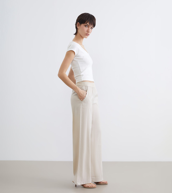 Solid Elastic Waist Wide Leg Pants