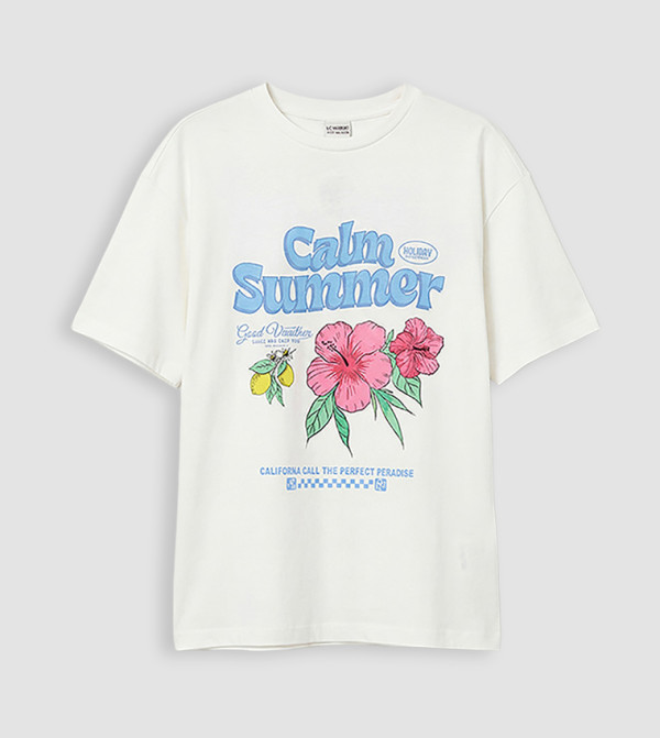 تيشيرت كم قصير بقبة مستديرة بطبعة