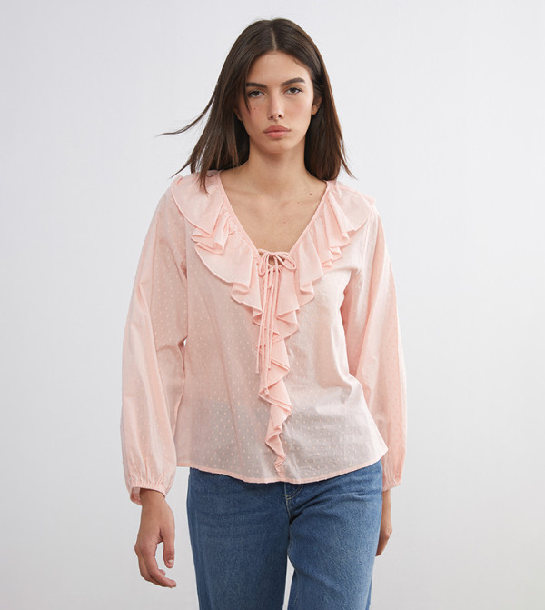 Ruffled V-Neck Long Sleeves Top