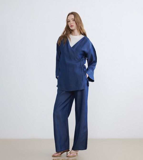 Wrap Tie Bell Sleeves Denim Kimono