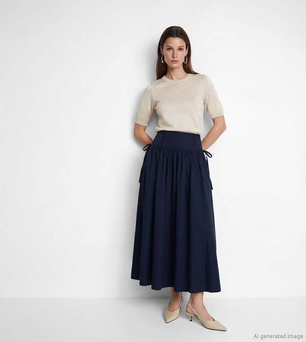 Solid Side Tie-Up Woven Midi Skirt