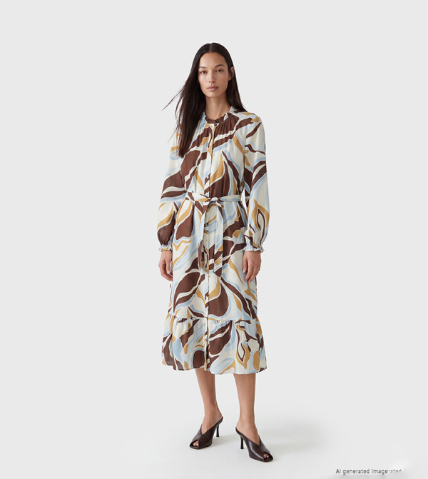 Abstract Print Ruffle Neck Long Sleeves Belted Shirt Dress