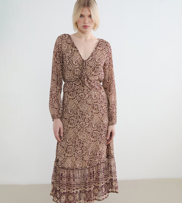 Paisley Patterned V-Neck Midi Dress