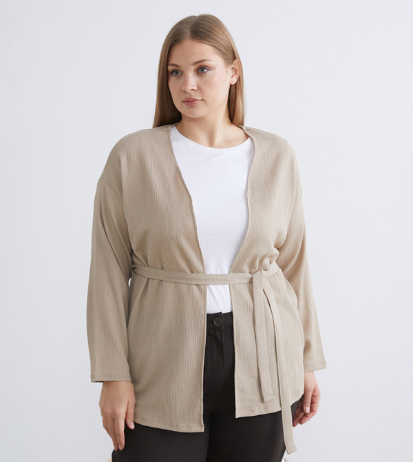 Solid Long Sleeves Belted Cardigan