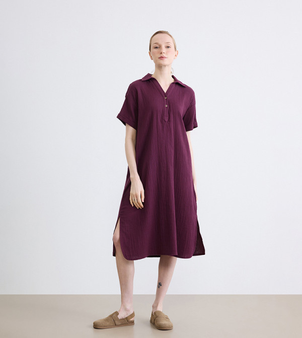 Textured Collar Short Sleeves Shirt Dress
