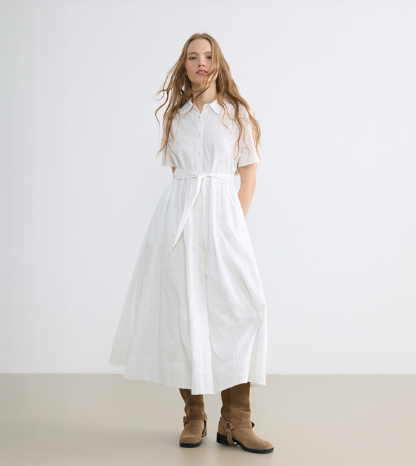 Broderie Openwork Belted Short Sleeves Shirt Dress