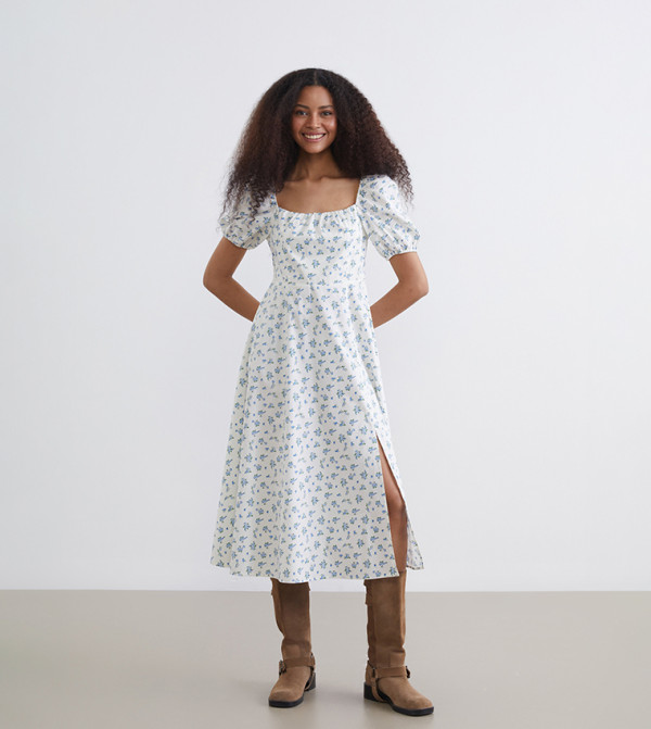 Floral Printed Square Neck Midi Dress