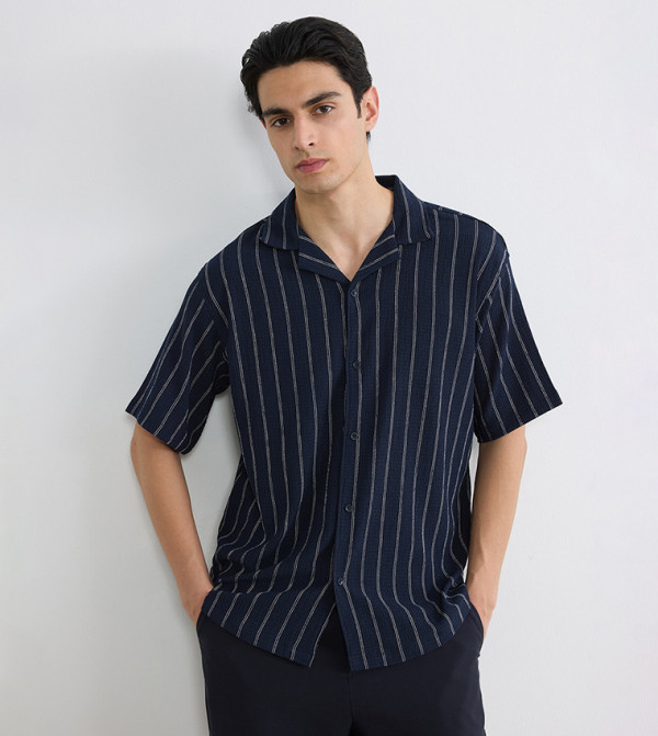 Striped Short Sleeves Camp Collar Shirt