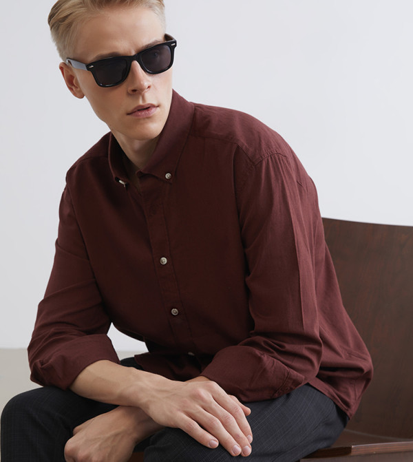 Solid Button-Down Collar Linen Look Shirt