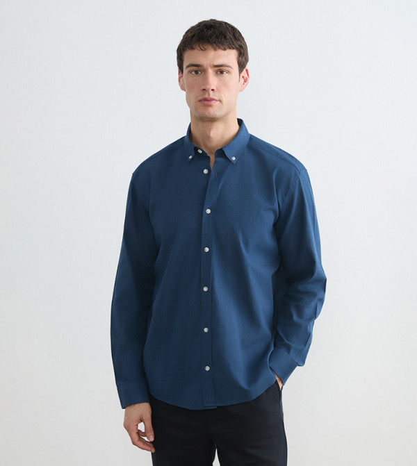 Solid Button-Down Collar Linen Look Shirt