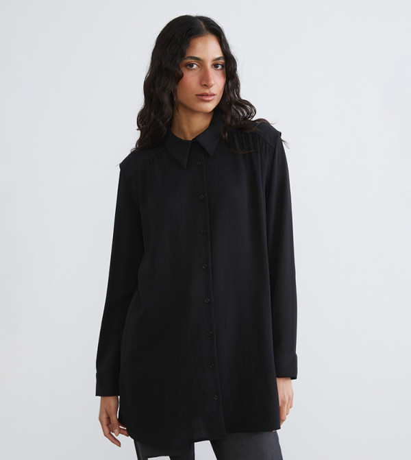 Long Sleeves Gathered Oversized Tunic Shirt