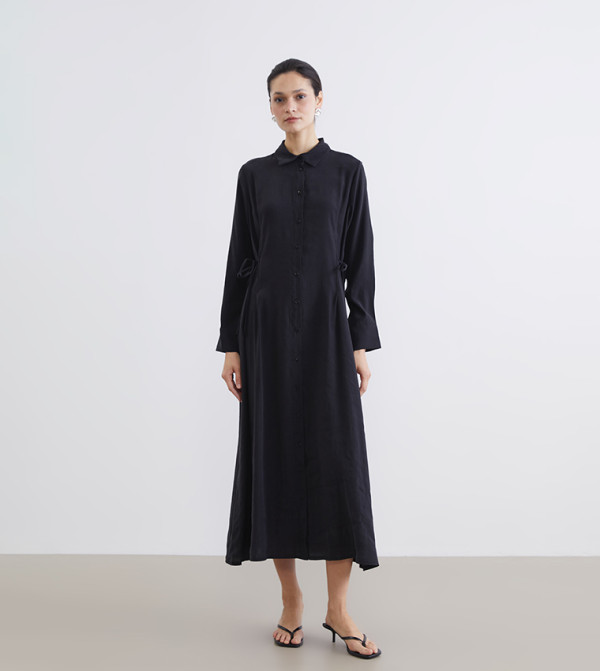 Solid Waist Tie Up Modal Blend Shirt Dress