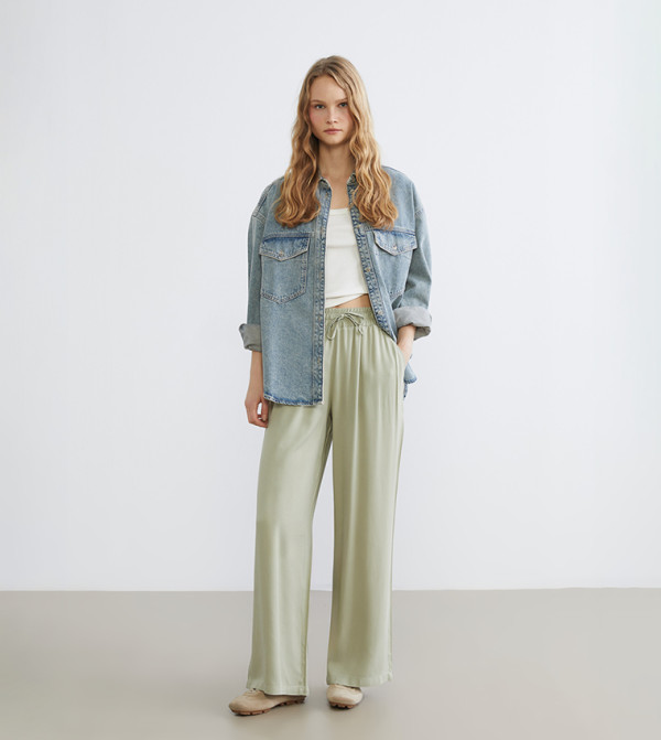 Solid Elastic Waist Wide Leg Pants