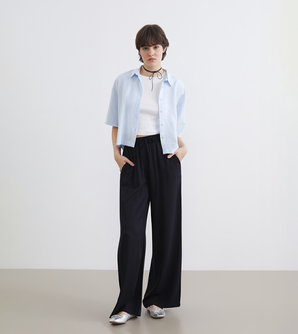 Solid Elastic Waist Wide Leg Pants