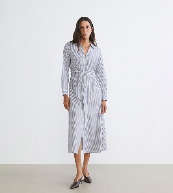 فستان قميص مخطط بوبلين بحزام