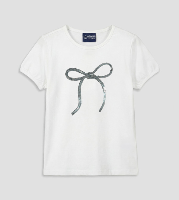 Bow Sequined Short Sleeves T-Shirt
