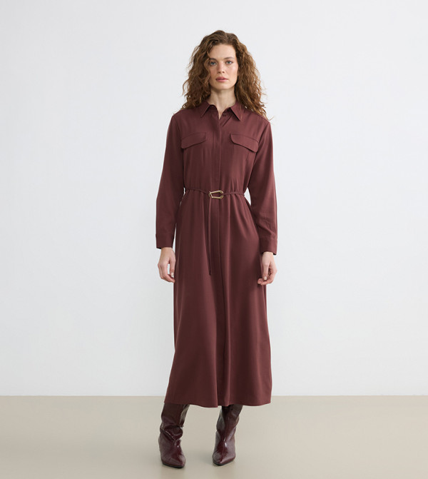 Long Sleeves Belted Midi Shirt Dress