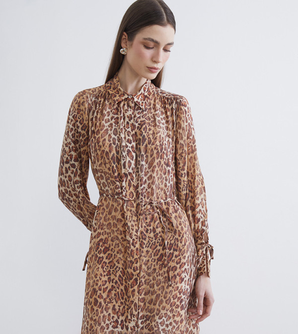 Leopard Patterned Long Sleeves Shirt Dress