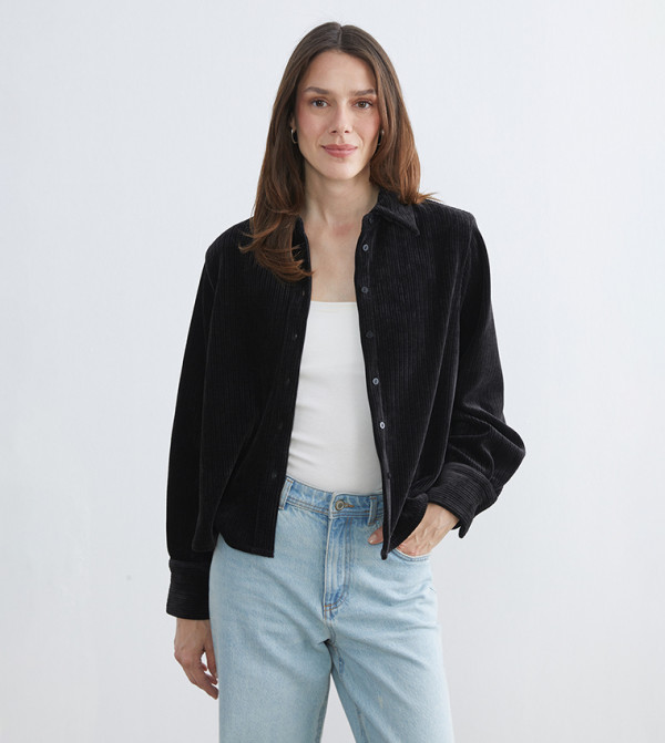 Solid Collared Regular Fit Velvet Overshirt