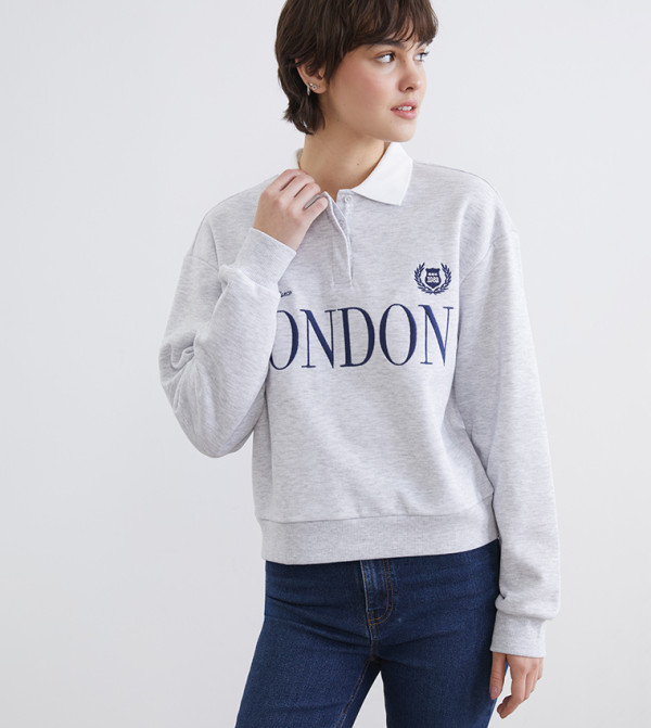 Printed Collared Long Sleeves Sweatshirt