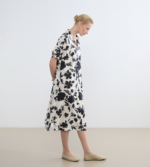 Floral Print Collared V-Neck Short Sleeves Midi Dress
