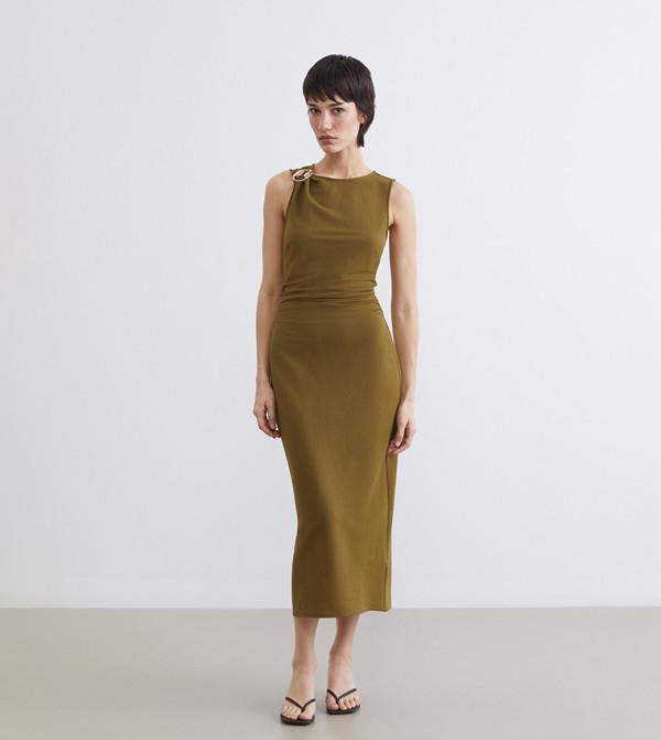 Ruched Crew Neck Midi Dress