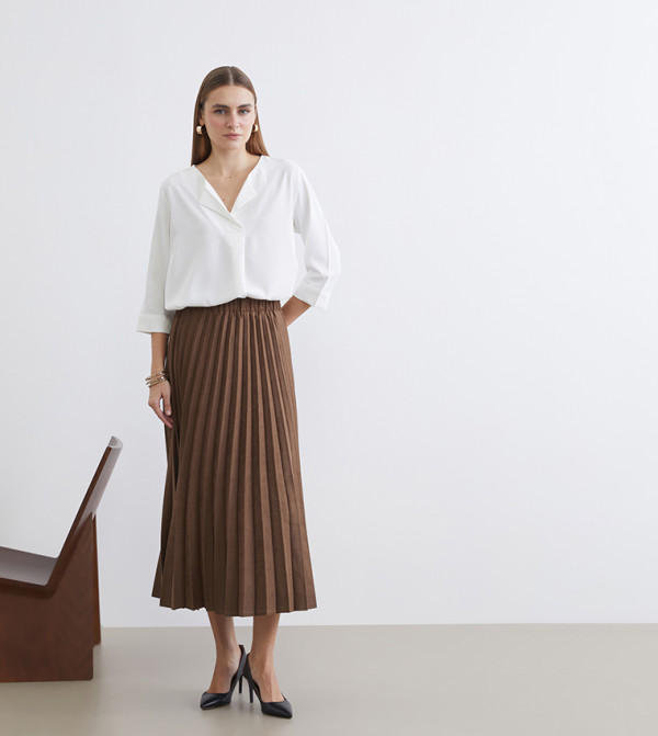 Pleated Elastic Waist Suede Look Midi Skirt