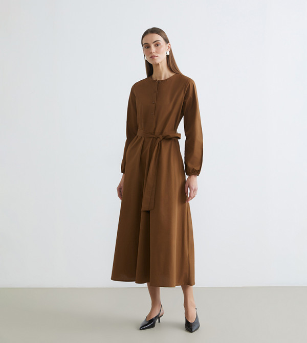 Belted Crew Neck Midaxi Dress