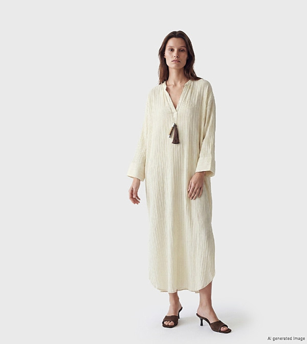 Long Sleeves A-Line Linen Blend Midi Dress