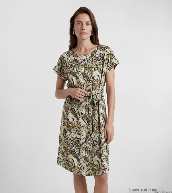 Animal Leaf Print Tie Waist Short Sleeves A-Line Mini Dress