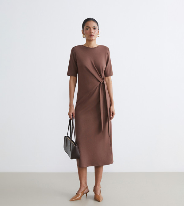 Solid Short Sleeves Midi Dress