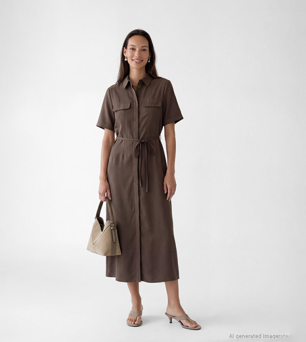 Dual Pocket Tie Waist Short Sleeves Shirt Dress