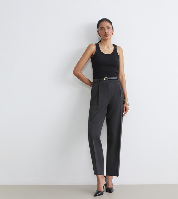 Solid Belted Waist Pleated Cigarette Trousers