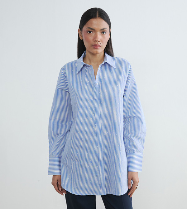 Striped Long Sleeves Poplin Tunic Shirt