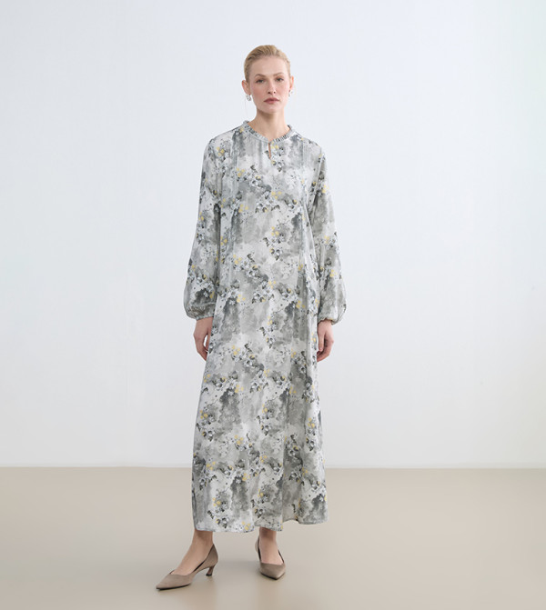 Printed Ruffle Trim Maxi Dress