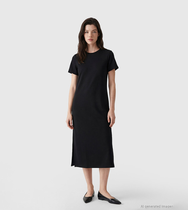 Side Slit Short Sleeves Crew Neck Midi Dress