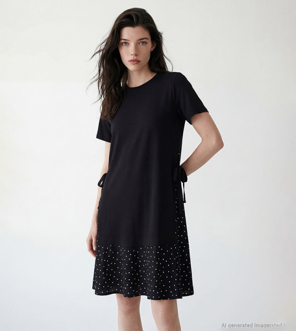 Polka Dot Hem Side Bow Short Sleeves T-Shirt Dress