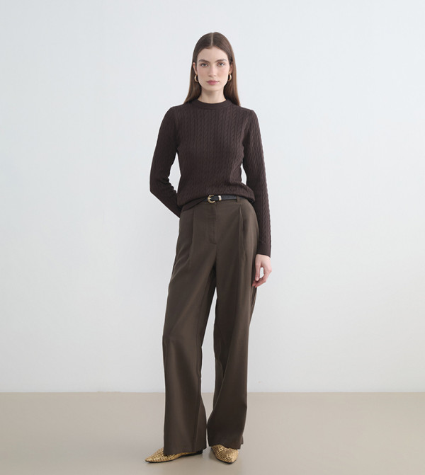 Solid Mid Rise Pleated Wide Leg Trousers