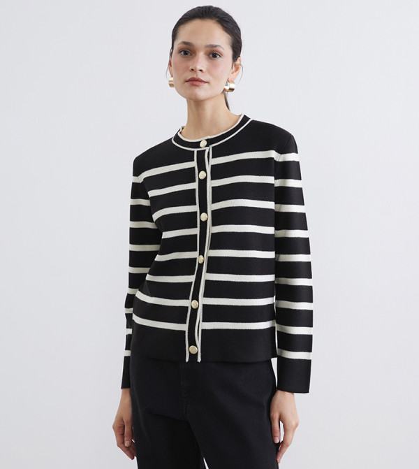Striped Crew Neck Long Sleeves Cardigan